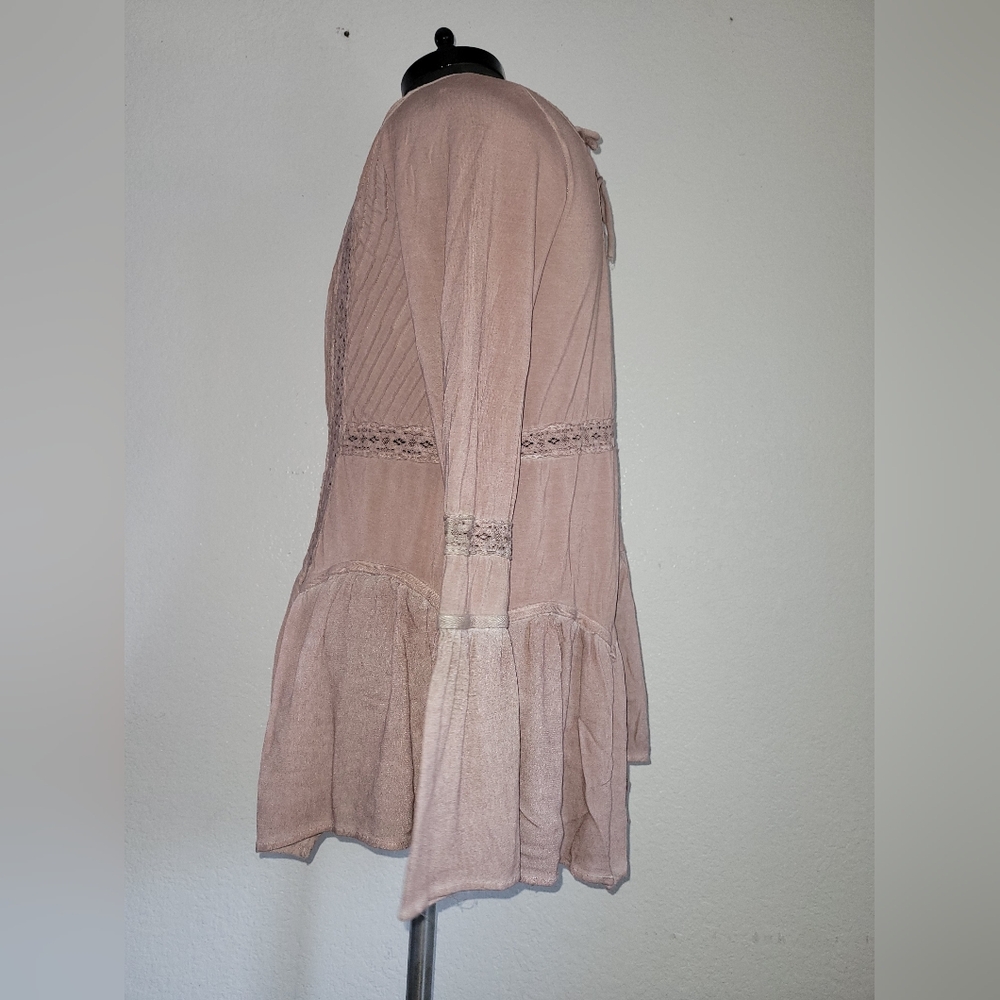 Rose Pink Light Washed Bell Long Sleeeve Boho Oversized Top Back Tie Back Small - Picture 6 of 9